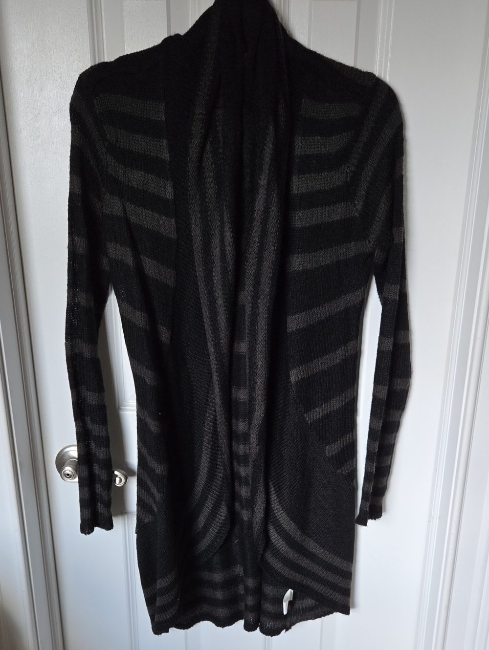 Women's Black and Charcoal Striped Open-Front Cardigan